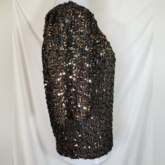 Imagnin Black Gold Sequin Covered Top Metallic Thread Short Half Sleeve Vintage - Picture 8 of 14